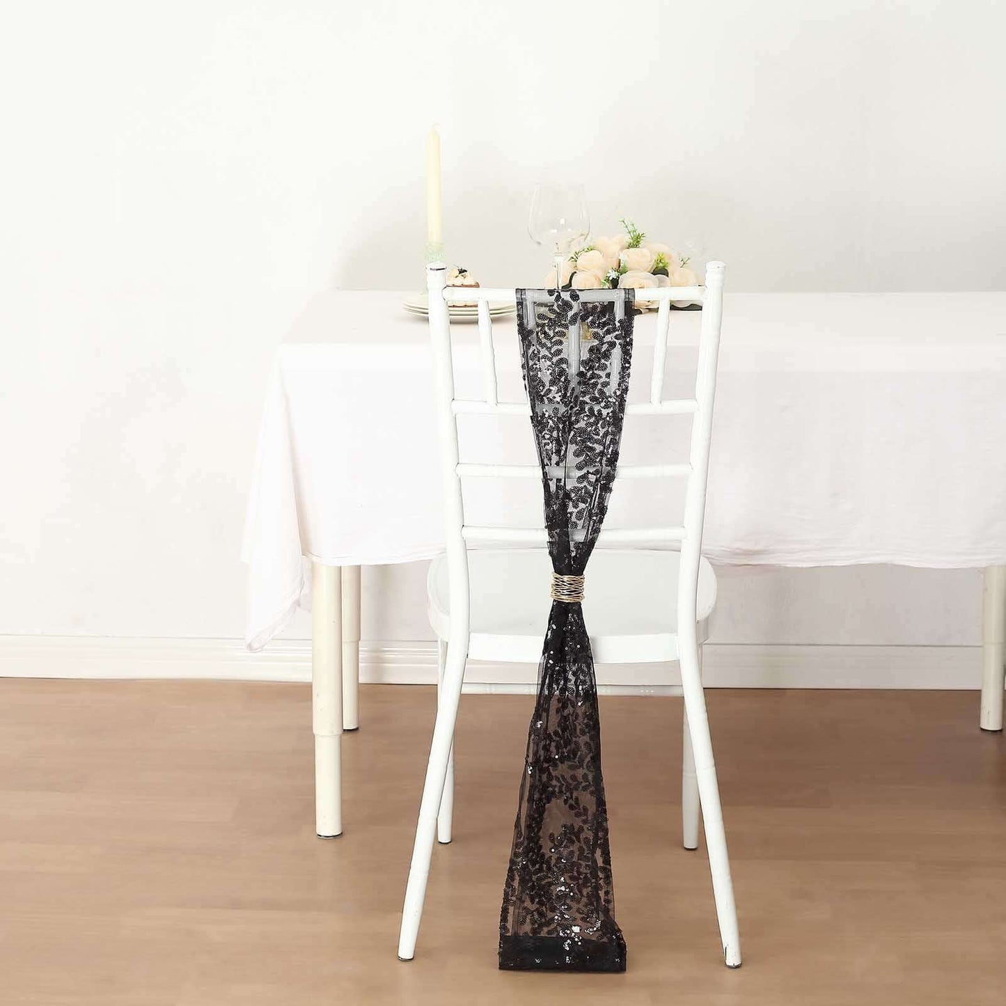 5 Pack Tulle Chair Sashes with Leaf Vine Embroidered Sequins Black 6"x88"