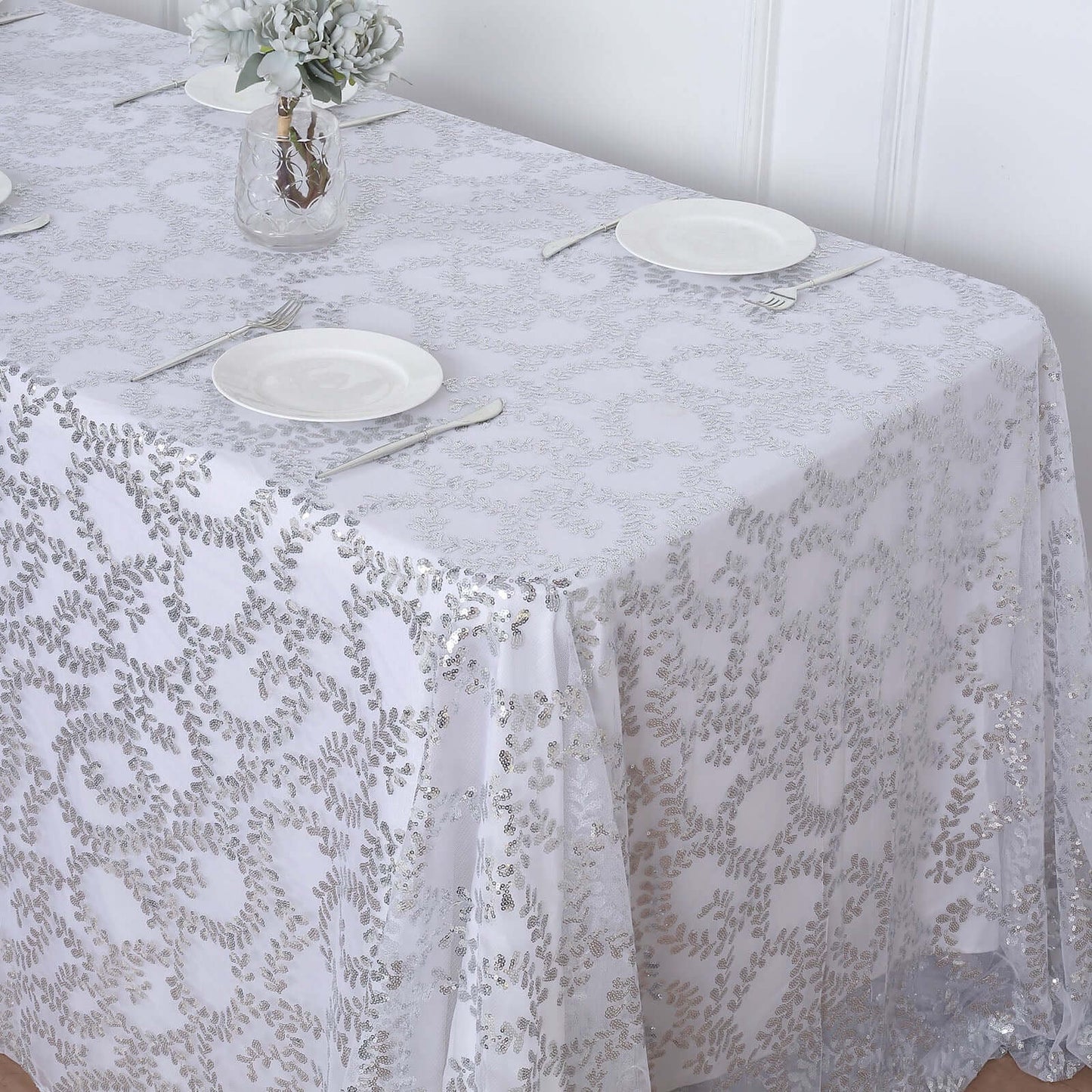 Tulle 90"x156" Rectangle Tablecloth Silver - Sequin Leaf Embroidered Table Cover