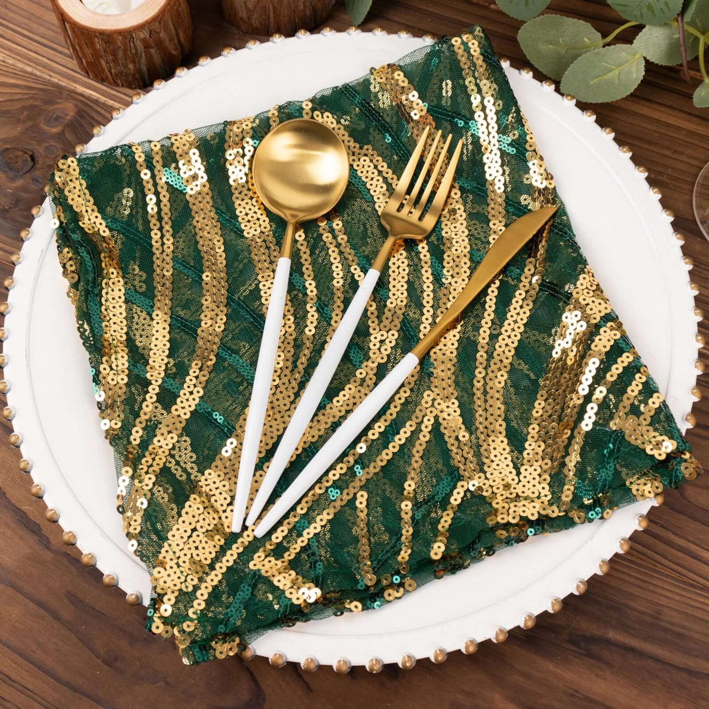Sequin Mesh 20"x20" Napkin Hunter Emerald Green Gold - Wave Embroidered Reusable Napkin