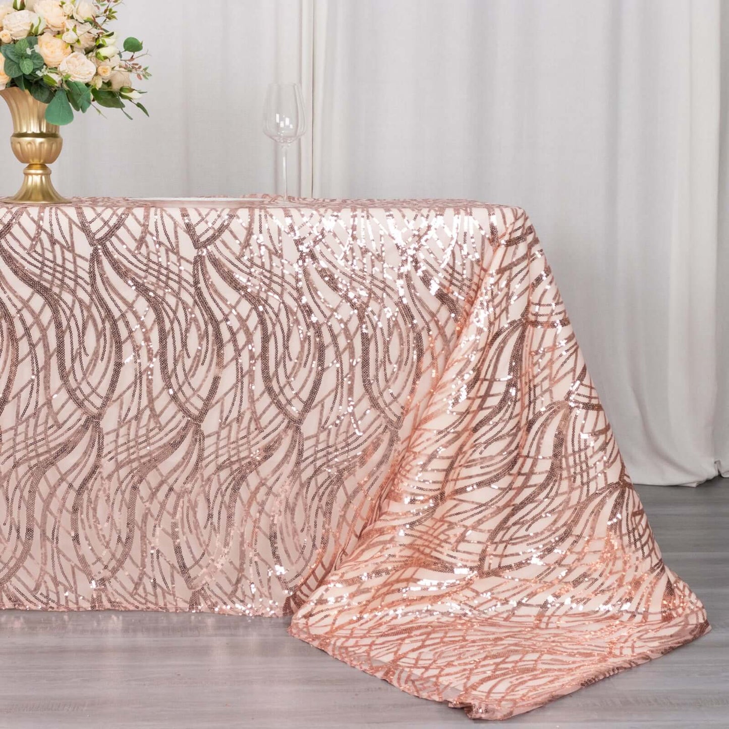 Mesh 90"x156" Rectangle Tablecloth Rose Gold - Wave Sequin Embroidered Table Cover