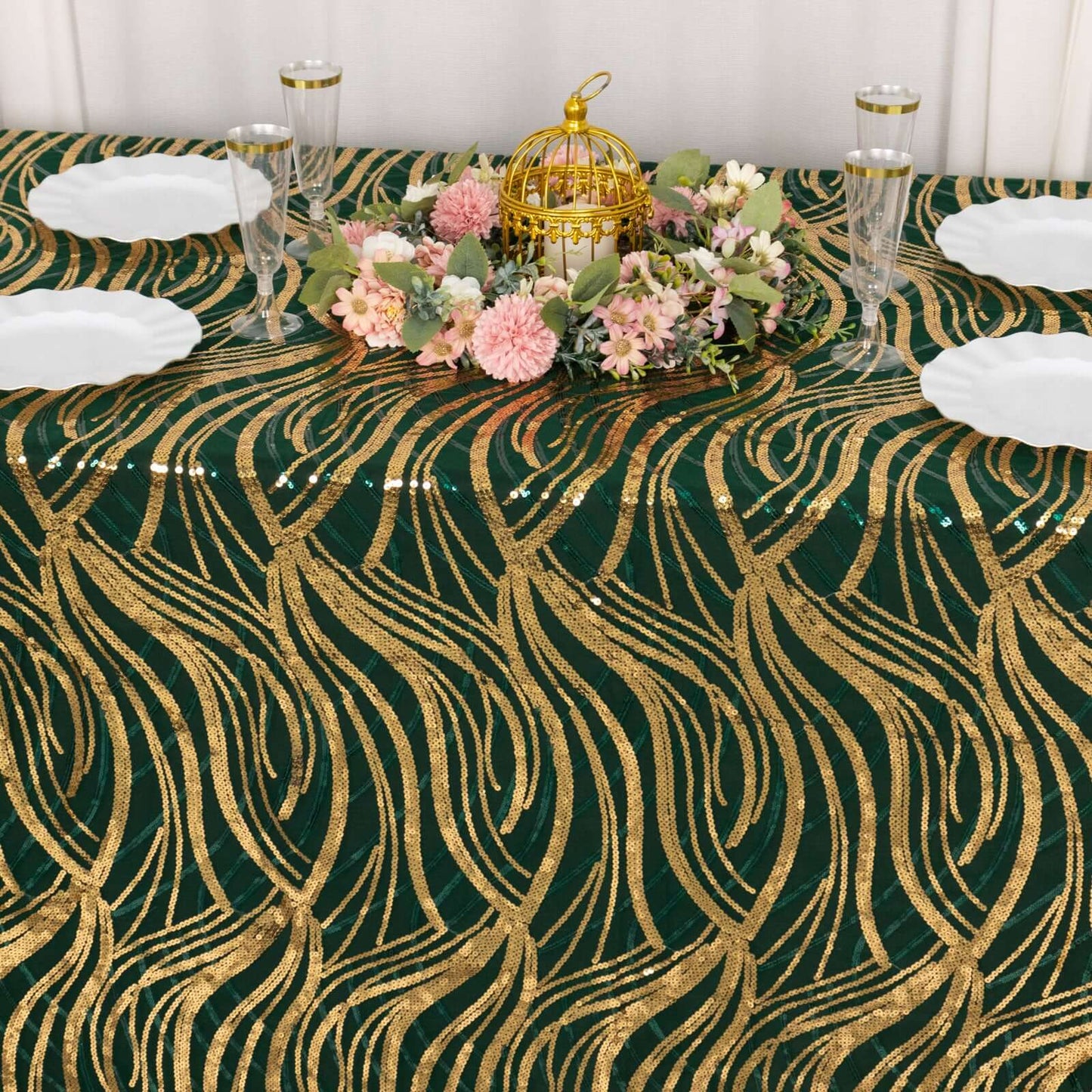 Mesh 90"x156" Rectangle Tablecloth Hunter Emerald Green/Gold - Wave Sequin Embroidered Table Cover