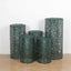 Set of 5 Hunter Emerald Green Sequin Mesh Cylinder Pedestal Stand Covers with Leaf Vine Embroidery, Sparkly Sheer Tulle Pillar Prop Covers