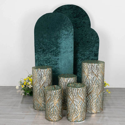 Set of 5 Hunter Green Wave Mesh Cylinder Pedestal Stand Covers with Embroidered Sequins, Emerald Pillar Prop Covers - 160 GSM