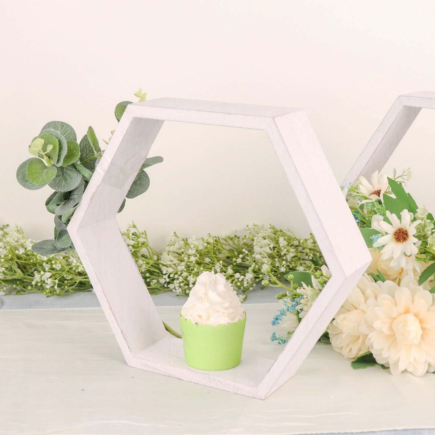 2 Pack 9" Hexagon Whitewashed Wood Centerpiece, Geometric Terrarium, Honeycomb Storage Shelf