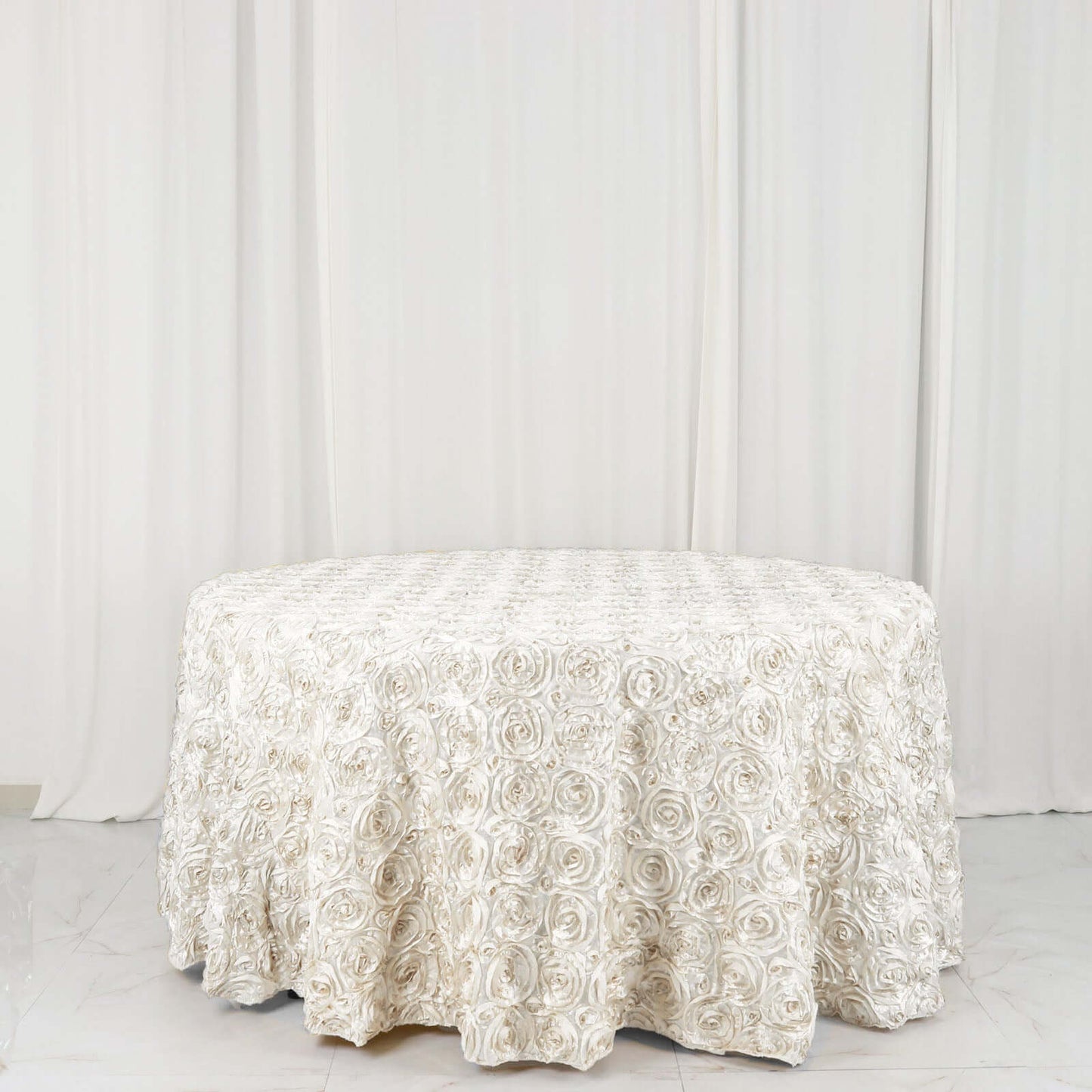 Satin 120" Round Tablecloth Ivory - Grandiose 3D Rosette with Seamless Finish Table Cover