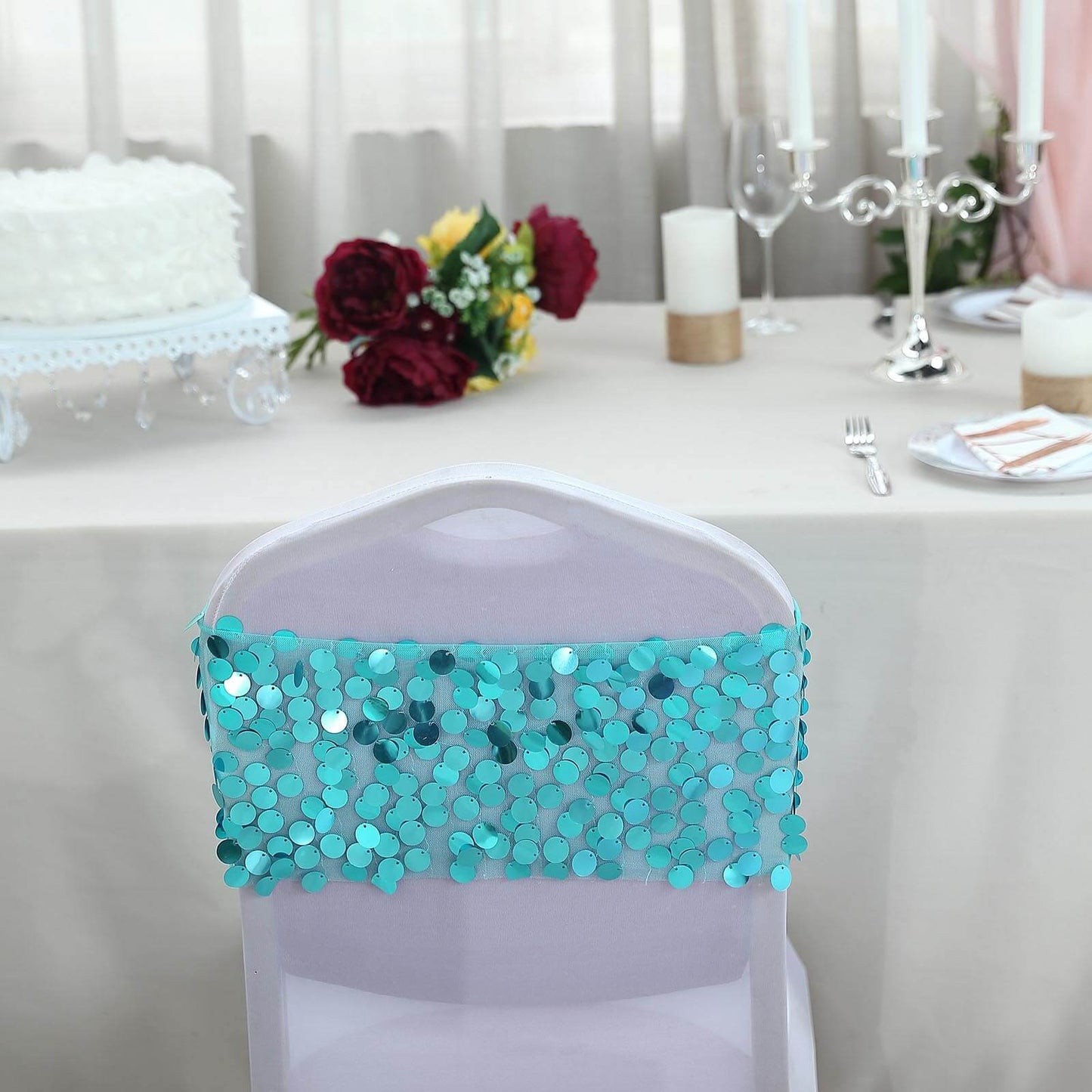 5 Pack Big Payette Sequin 13"x10" Chair Sash Bands Turquoise - Stylish Glittering Decor for Weddings & Gatherings
