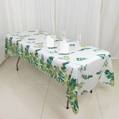 5-Pack Plastic Table Covers White/Green Rectangle with Eucalyptus Leaves Print - Decorative PVC Disposable Tablecloths 54"x108"