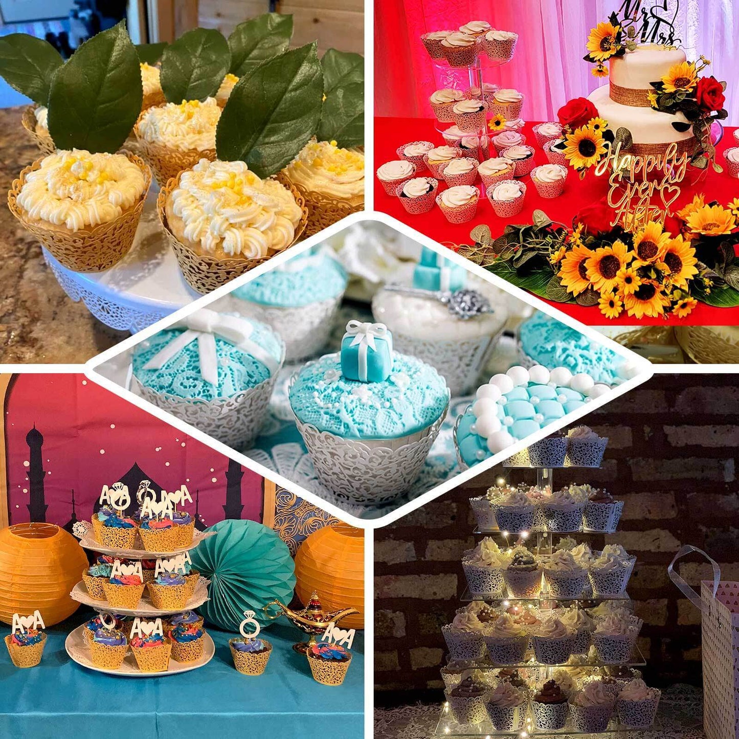 25-Pack Paper Cupcake Wrappers Lace Laser Cut Design Black - Muffin Baking Cup Trays for Events