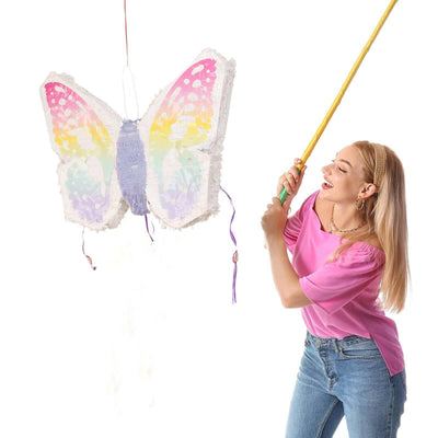 Expandable White Lilac Paper Butterfly Pinata Hanging Decor with Pastel Colored Wings Fairy Themed Birthday Party