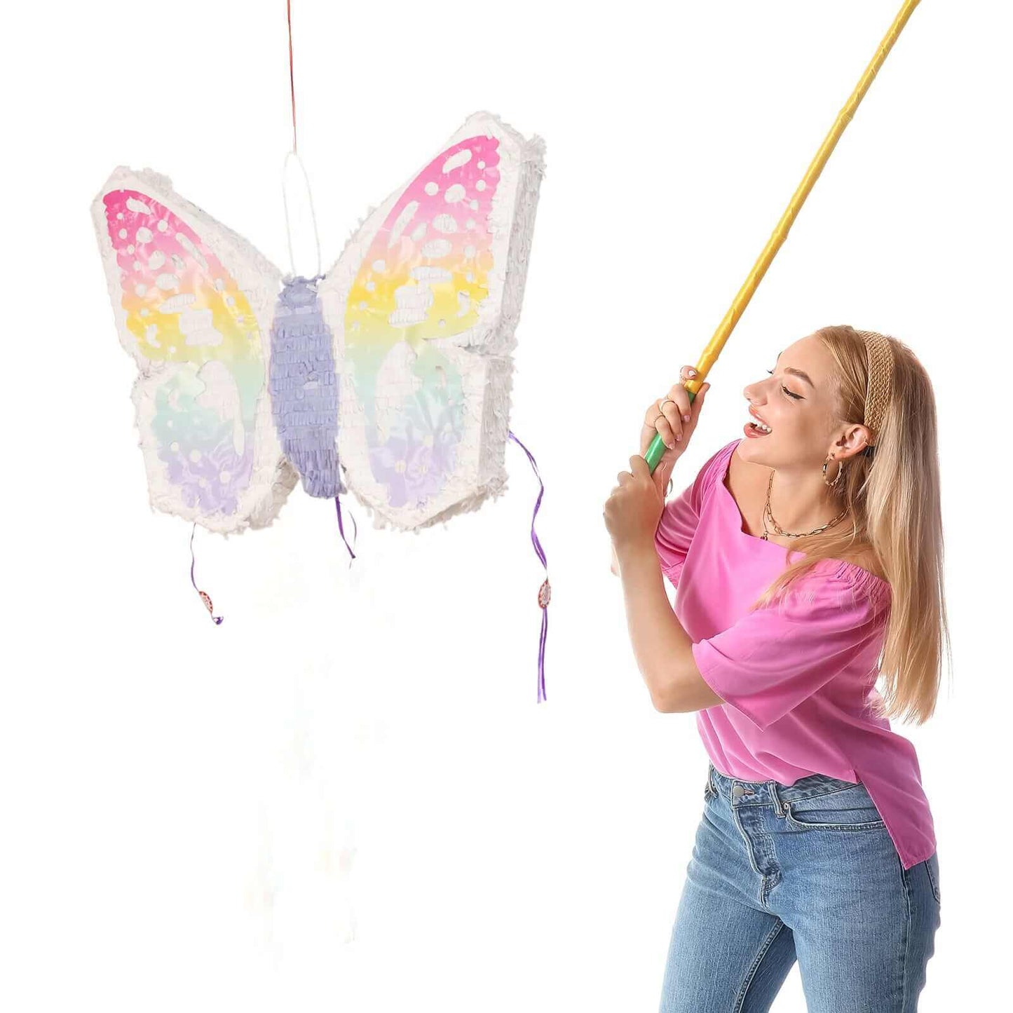 Expandable White Lilac Paper Butterfly Pinata Hanging Decor with Pastel Colored Wings, Fairy Themed Birthday Party Pinata - 23"x19"