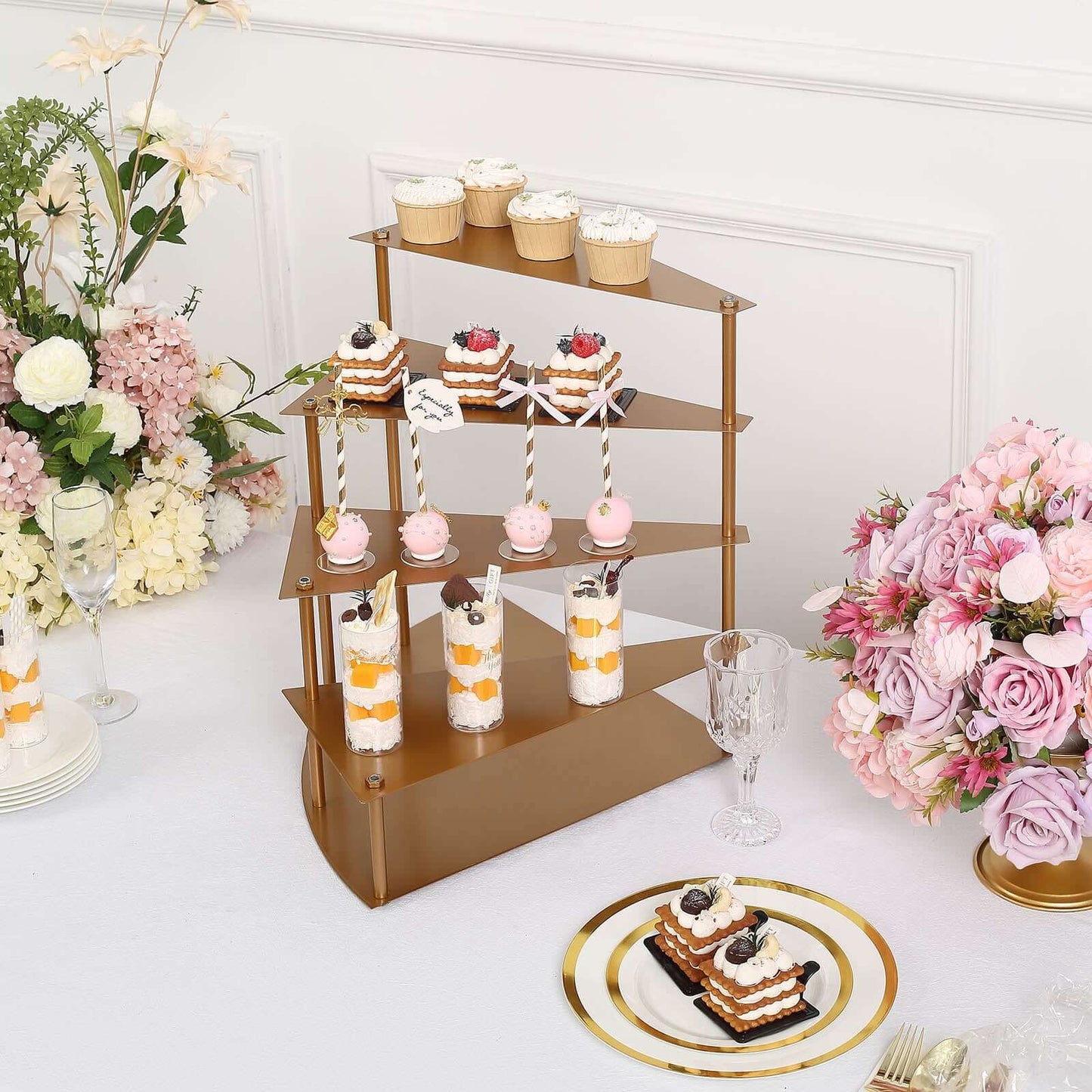 4-Tier Metal Spiral Stairway Cupcake Display Stand Gold - Dessert Cake Step Pedestal Tray 17"