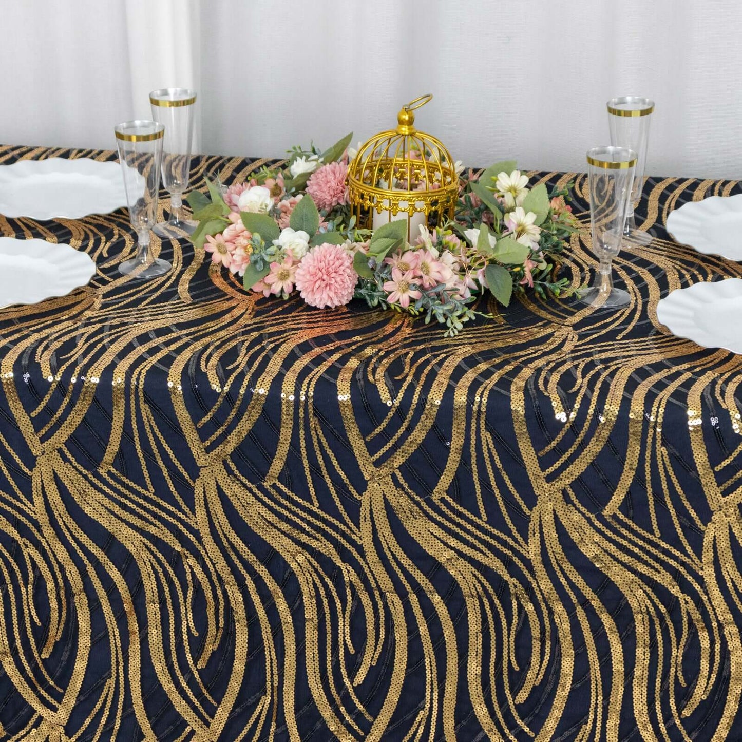Mesh 90"x156" Rectangle Tablecloth Black/Gold - Wave Sequin Embroidered Table Cover