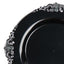 10-Pack Plastic 10" Round Dinner Plates in Black with Silver Leaf Embossed Rim - Disposable Vintage Baroque Style Plates
