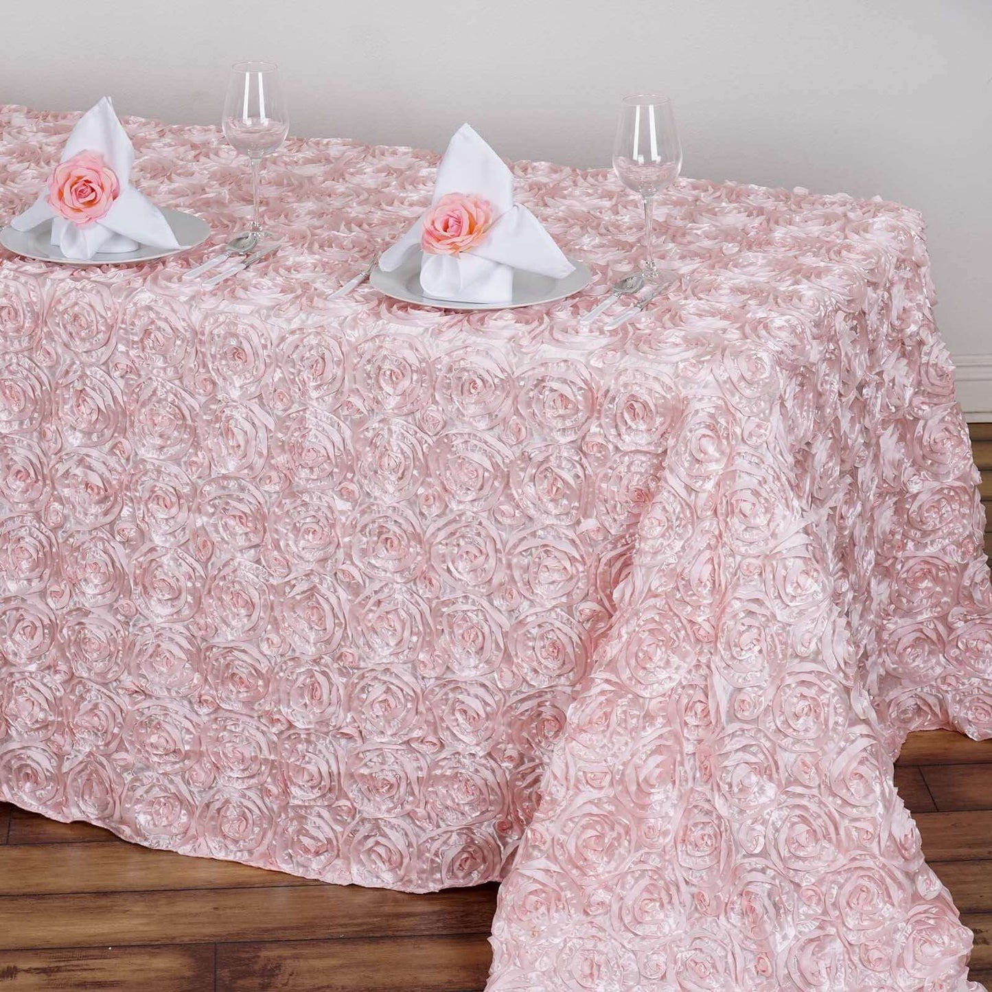 Satin 90"x132" Rectangle Tablecloth Blush - Grandiose 3D Rosette Seamless Table Cover