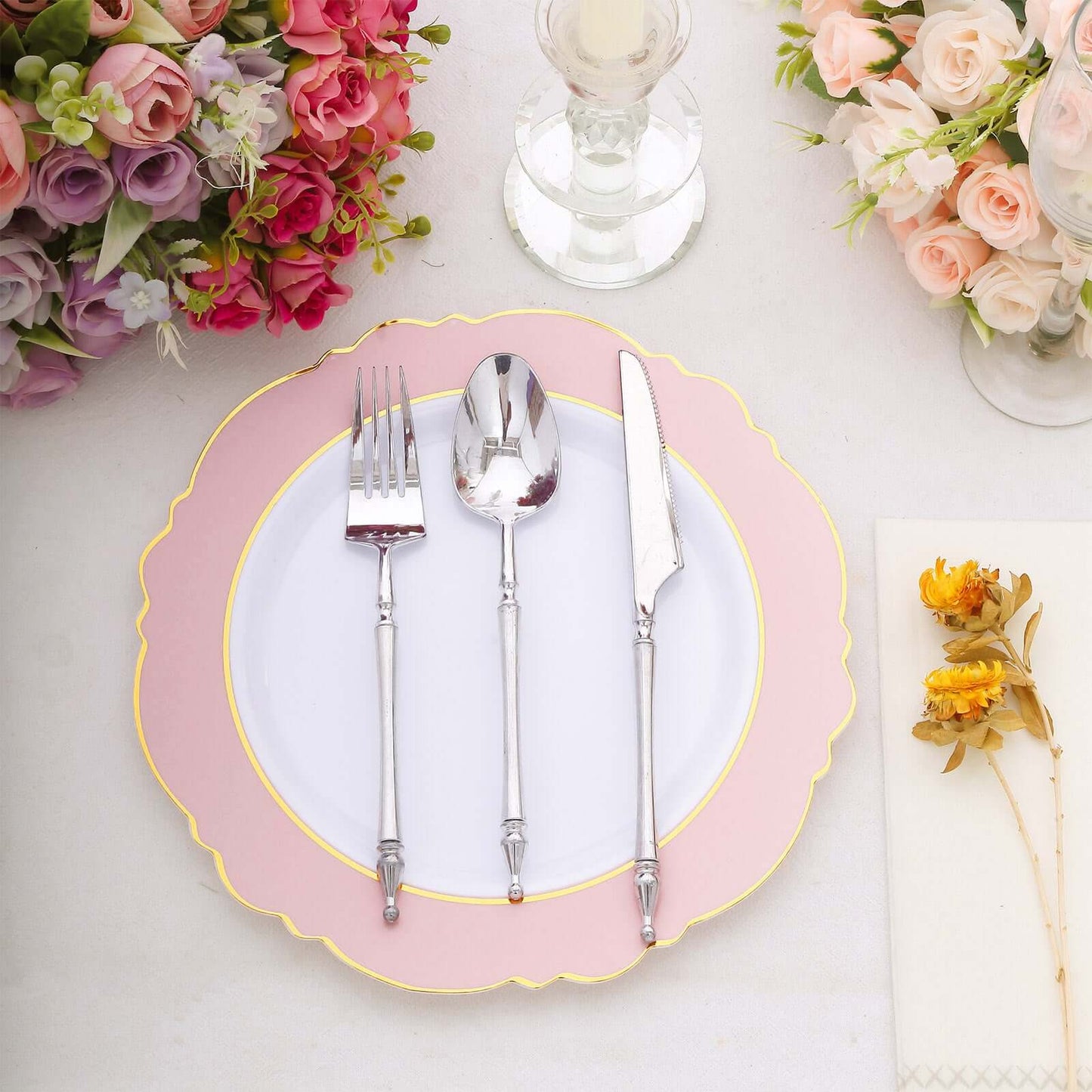 10-Pack Plastic 10" Round Dinner Plates in White with Blush Blossom Design & Gold Edging - Disposable Party Plates