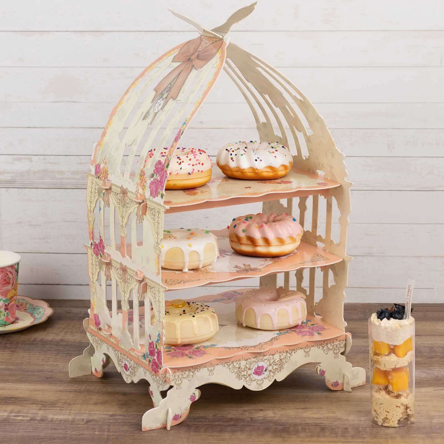 3 Tier Cardboard Cupcake Stand White/Peach Birdcage Style - Charming Reusable Cake Display Holder with Floral Print for Dessert Bars Afternoon Teas & Party Decor 18"