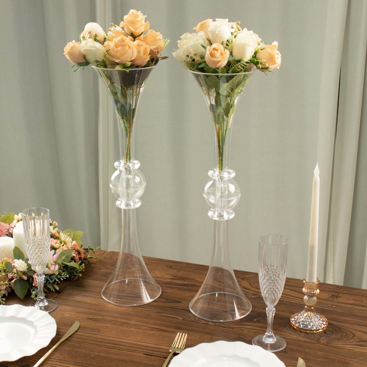 2-Pack Flower Vases Trumpet Design with Crystal Embellishments Clear - Reversible Plastic Table Centerpieces 21"