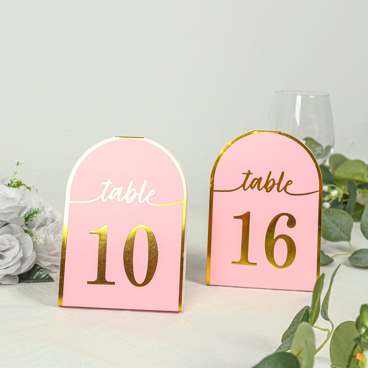 25-Pack 7" Disposable Table Numbers, Blush Free Standing Double Sided Table Number Place Cards with Metallic Gold Foil Numbers 1-25