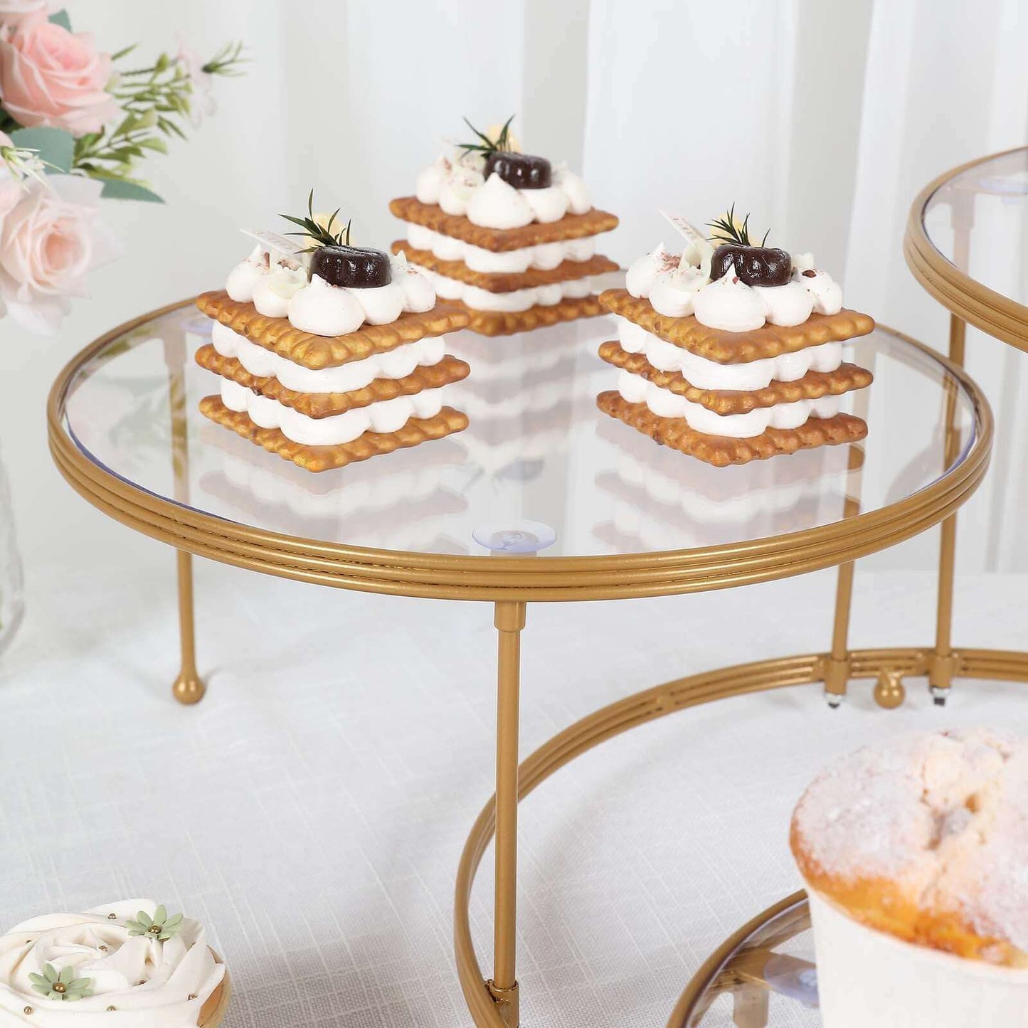 3-Tier Metal Cupcake Stand with Clear Round Acrylic Plates Gold - Dessert Cake Display Holder 23"