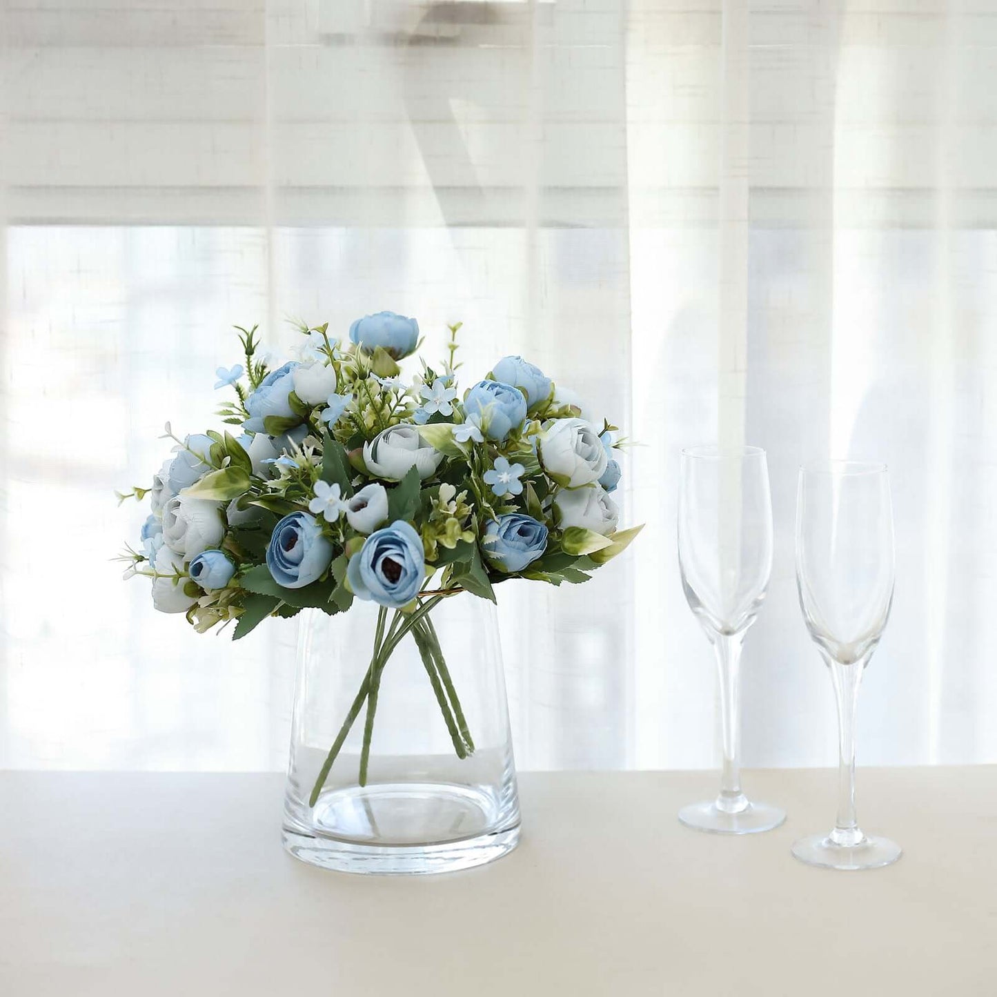 4 Pack 12" Artificial Dusty Blue Ranunculus Silk Flower Bridal Bouquets, Faux Buttercup Floral Arrangement