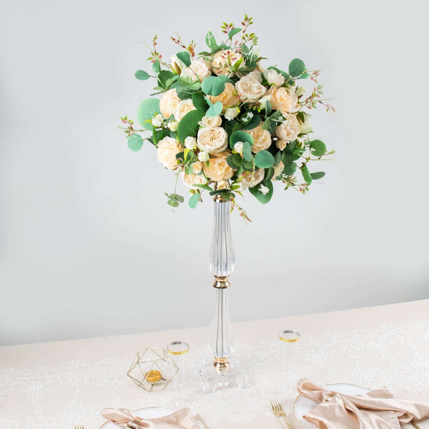 Acrylic Crystal Pillar Candle Stand Gold/Clear - Table Centerpiece and Wedding Flower Bowl Pedestal 24"
