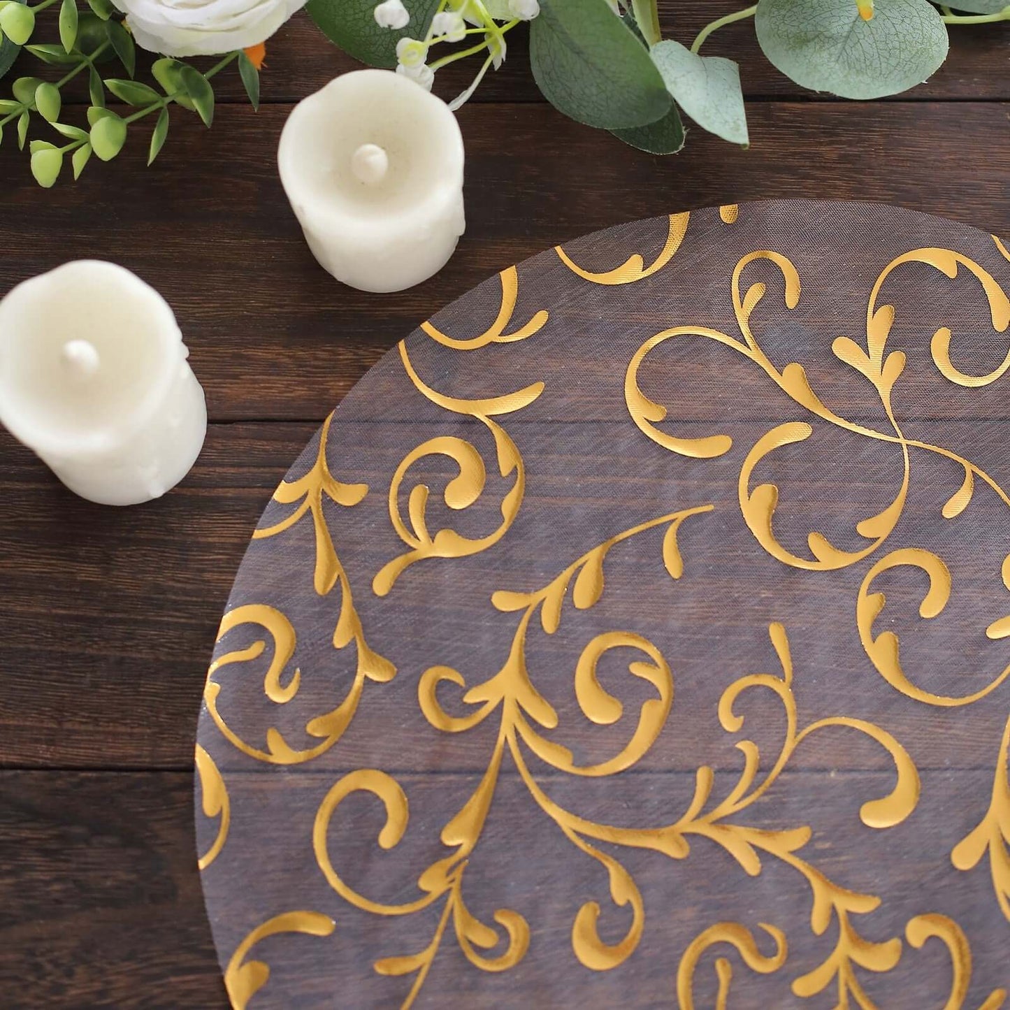 10-Pack Table Placemats Embossed Foil Flower Design Metallic Gold Round - Sheer Organza Disposable Mats 13"