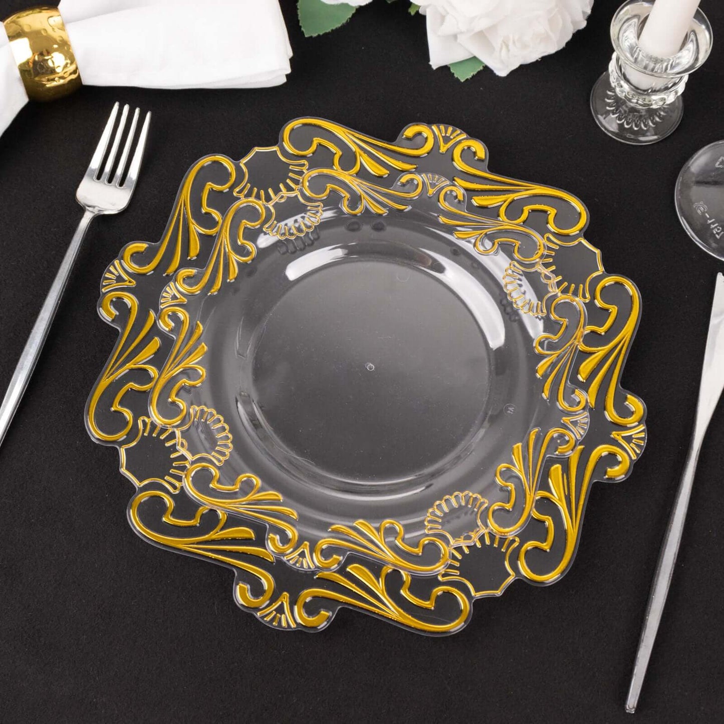 10-Pack Plastic 8" Round Dessert Plates in Clear with Gold Vintage Baroque Scalloped Rim - European Style Disposable Salad Appetizer Plates