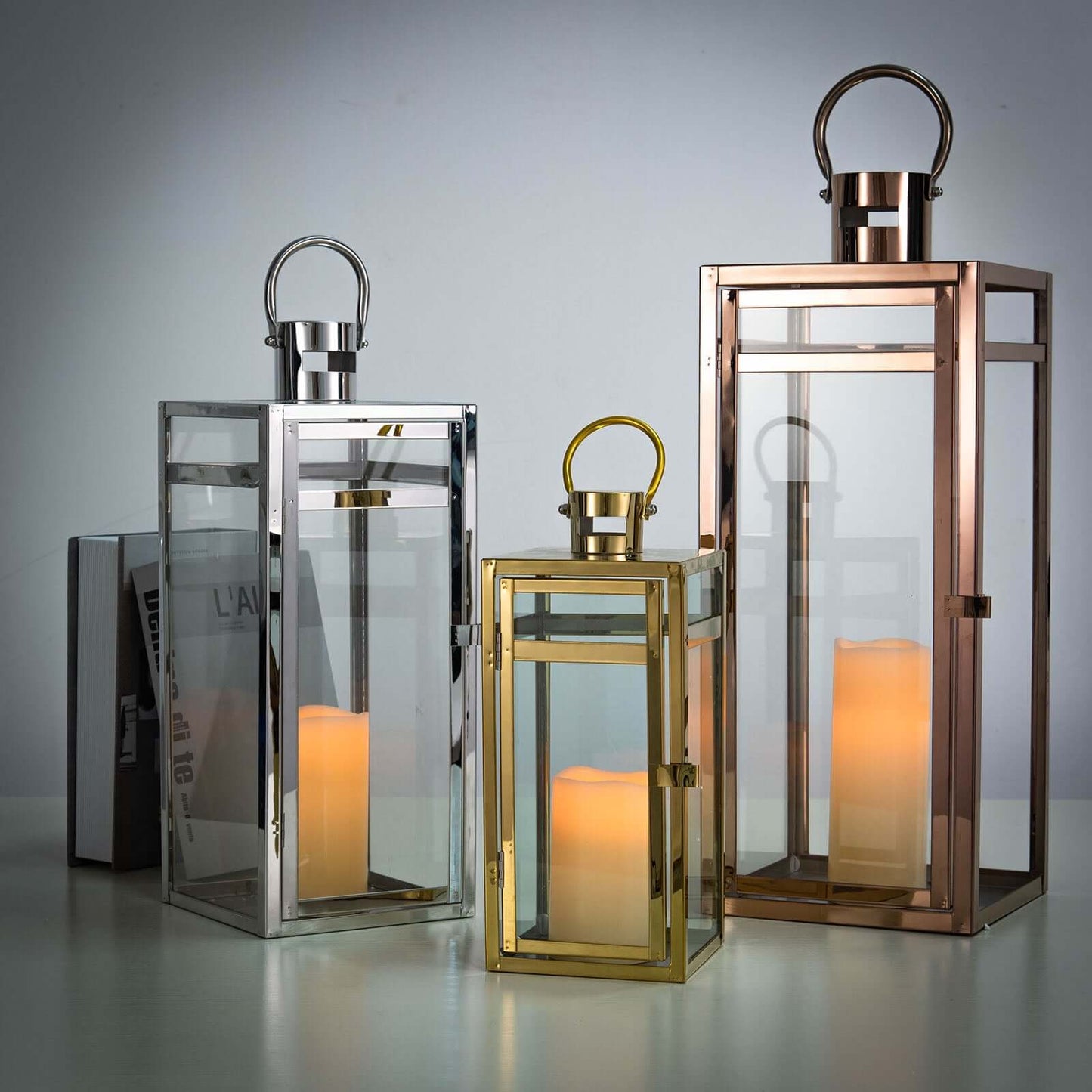 Stainless Steel Candle Lantern Vintage Top Design Gold - Outdoor Metal Patio Lantern Centerpiece 22"