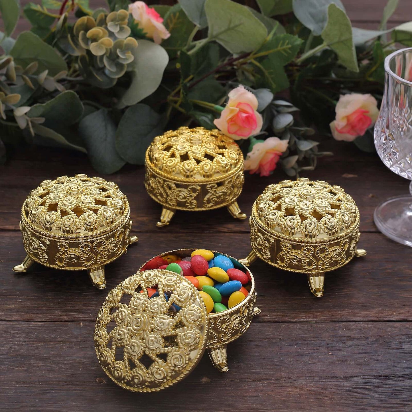 12-Pack Plastic Fillable Mini Candy Container in Vintage Ornate Round Box Style Metallic Gold - Candy Treat Favor Boxes 2.5"