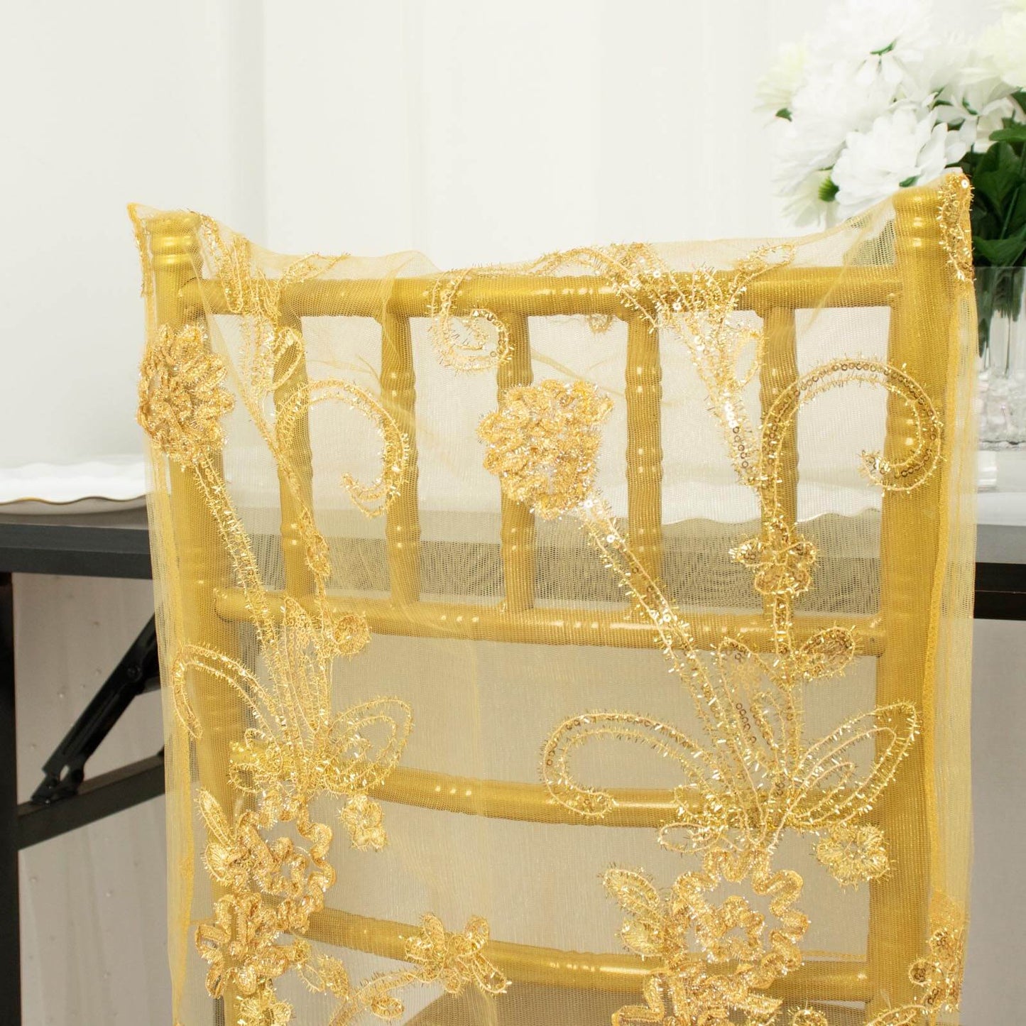 Organza Chiavari Chair Slipcover with Floral Sequin Embroidery Gold - Lace Chair Back Cover