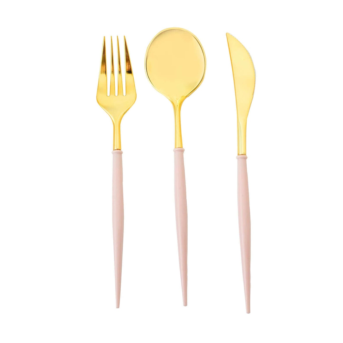 24-Pack Plastic Flatware Set in Metallic Gold with Blush Handle - Heavy Duty Disposable Modern Silverware 8"