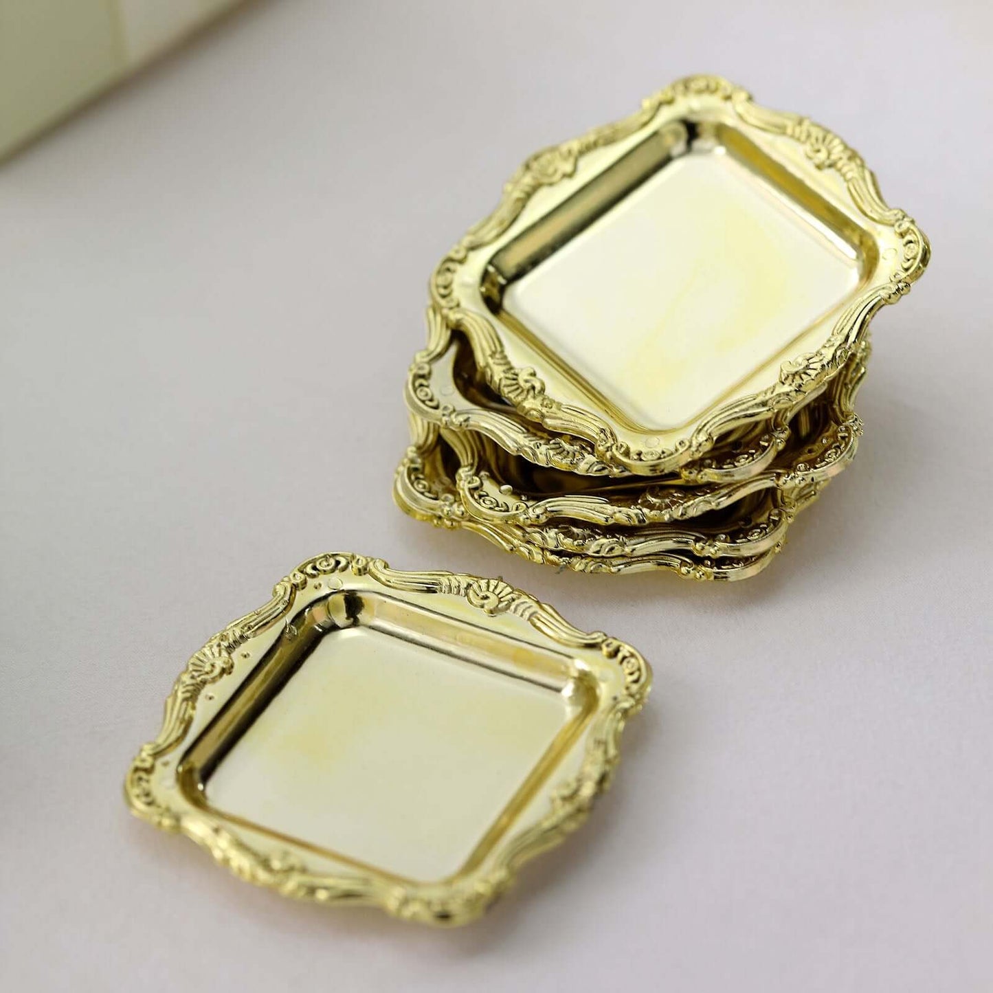 12 Pack 3" Gold Baroque Mini Square Sweet Treats Serving Platter, Party Favor Candy Display Tray