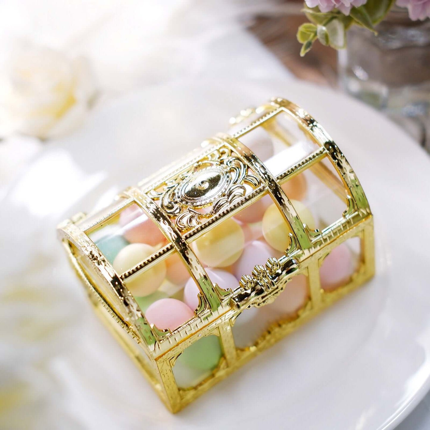 12-Pack Vintage Jewelry Box Candy Containers Clear Gold - Stylish Treasure Chest Favor Boxes 3.5"