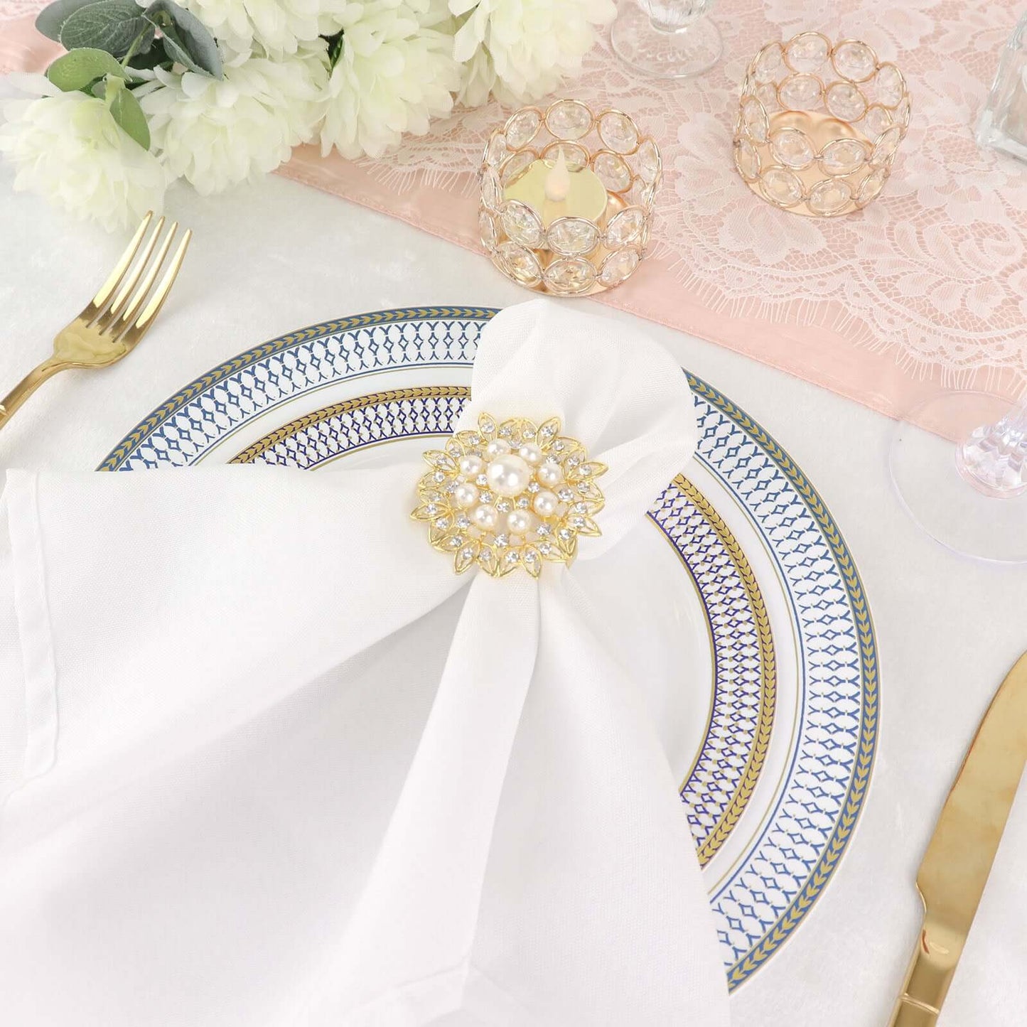 4 Pack Pearl And Diamond Rhinestone Flower Gold Metal Napkin Rings, Decorative Napkin Buckle Holders