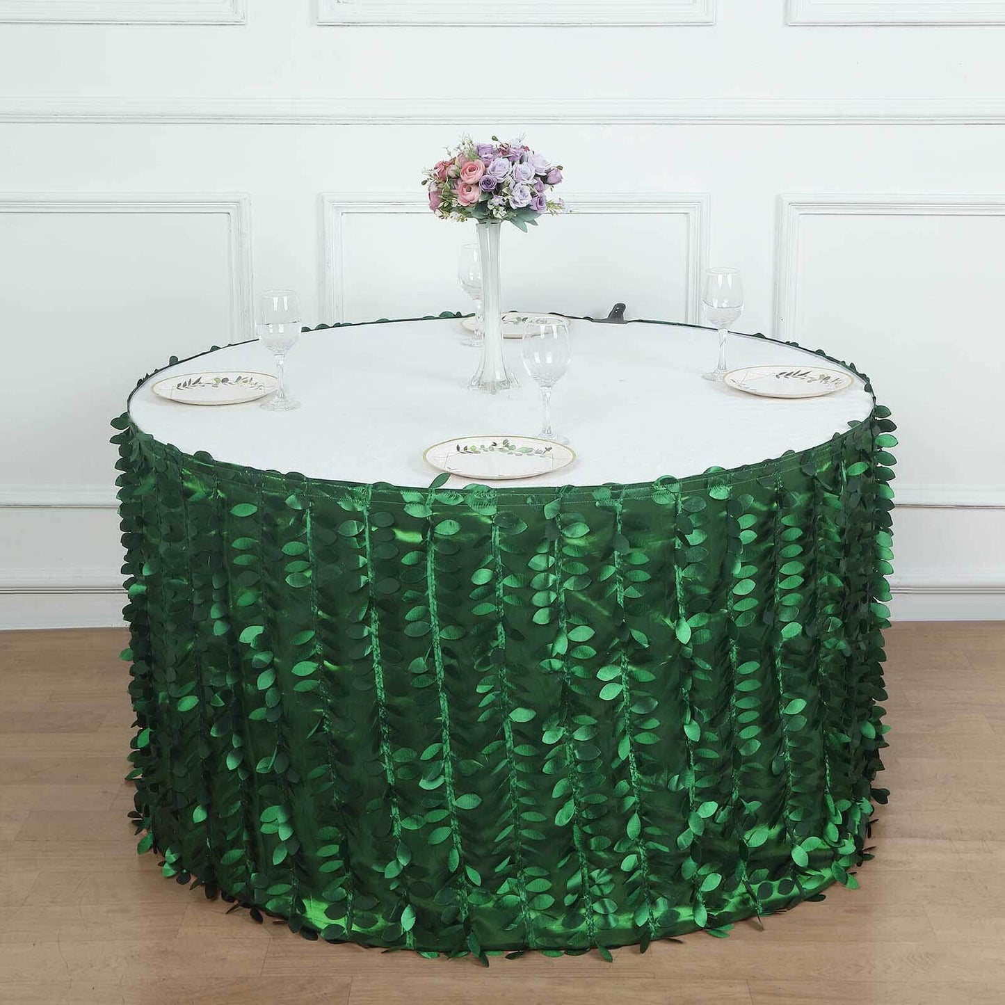 Taffeta Fabric 21ft Table Skirt Green 3D Leaf Petal Design - Exquisite & Stylish Event Table Cover