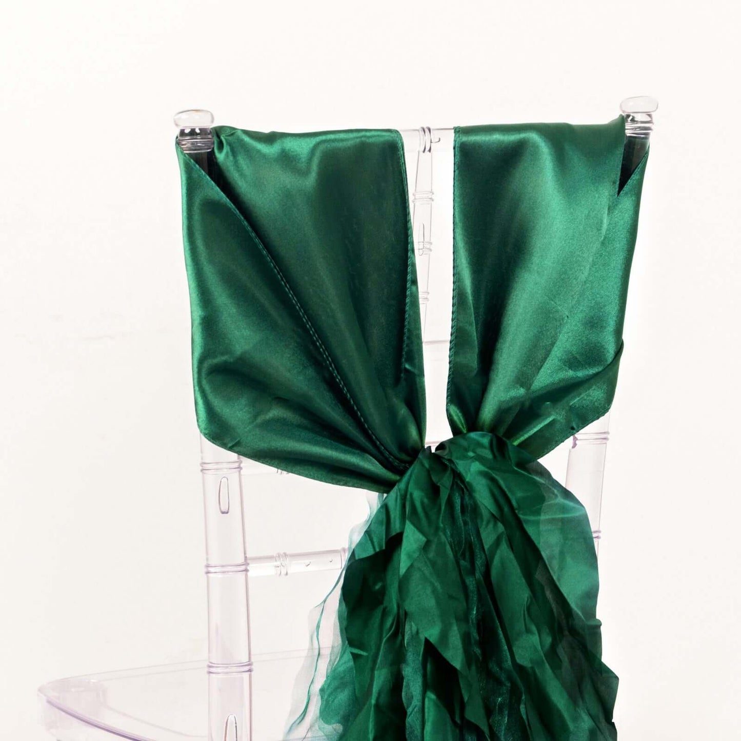 5 Pack Chiffon Satin Chair Sashes Hunter Emerald Green - Easy to Install Ruffled Curly Willow