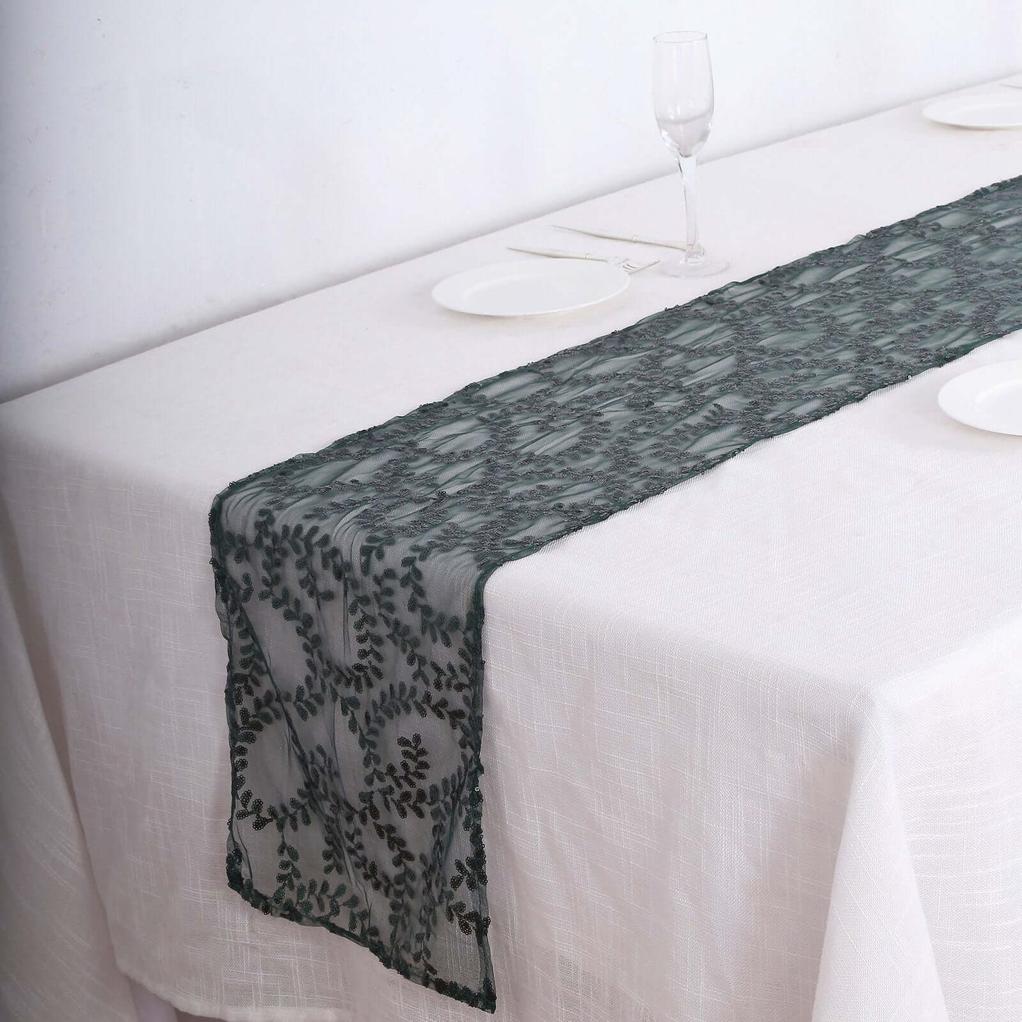 Mesh 12"x108" Table Runner Hunter Emerald Green - Leaf Vine Embroidery