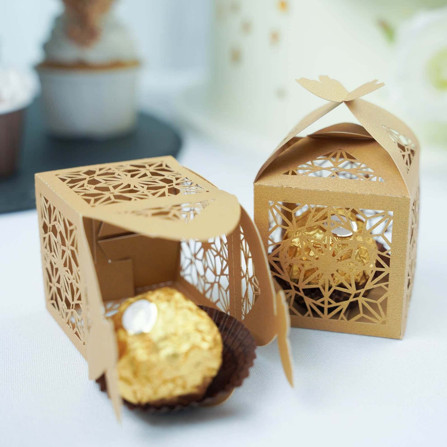 25 Pack Gold Butterfly Top Laser Cut Lace Favor Candy Gift Boxes