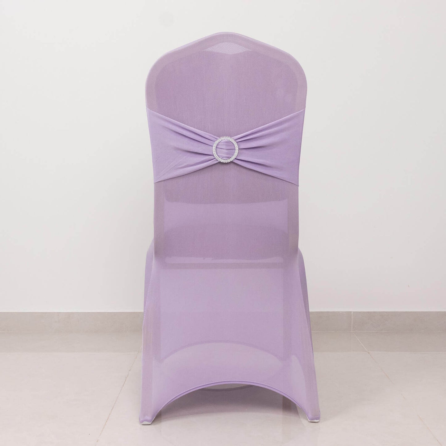 Spandex Chair Cover with Silver Rhinestone Buckled Sash Band Lavender Lilac - Stretch Fitted Slipcover