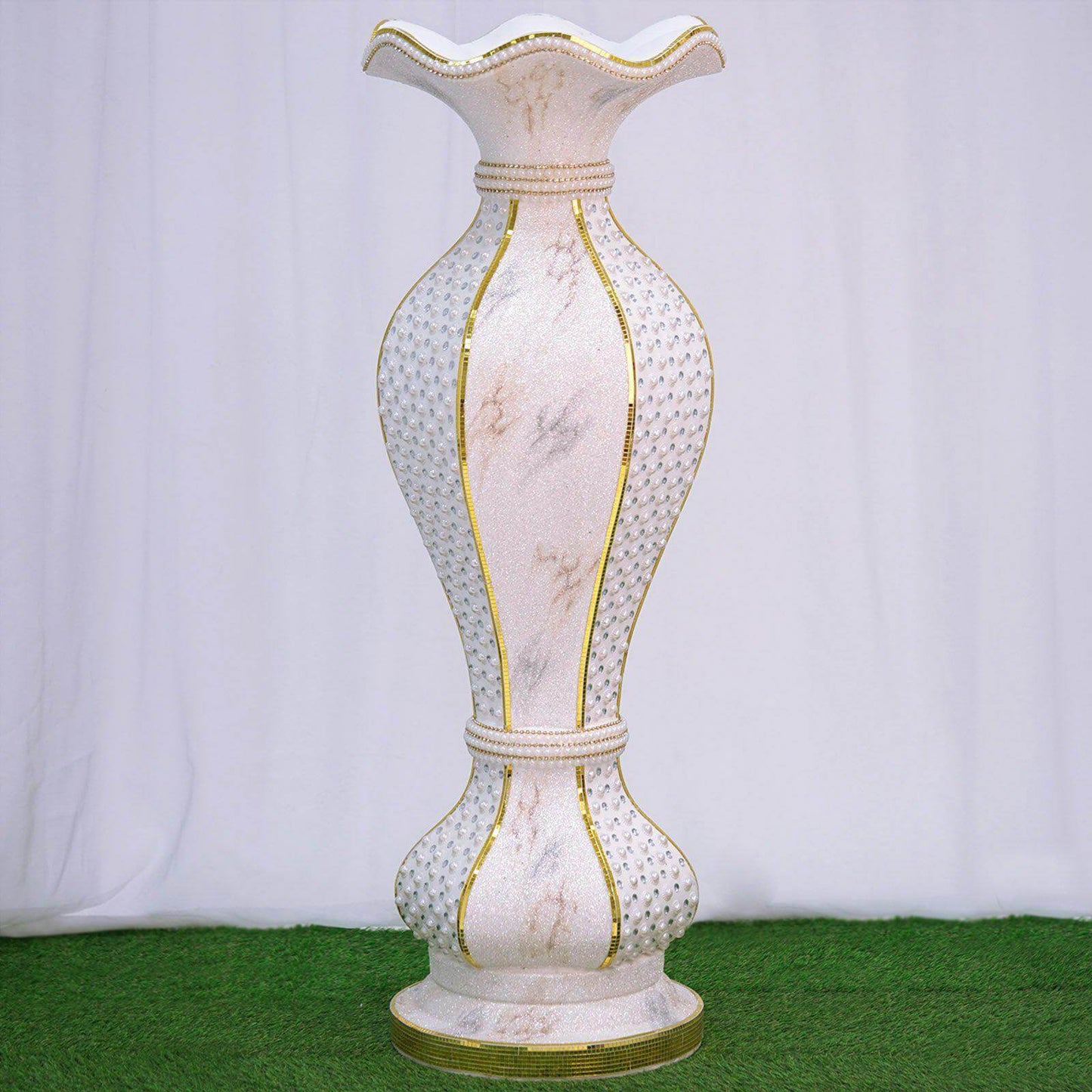 40" Shimmering Gold Glittered Marble Design Flower Pot Vase With Pearls and Mirror Mosaic Embellishment