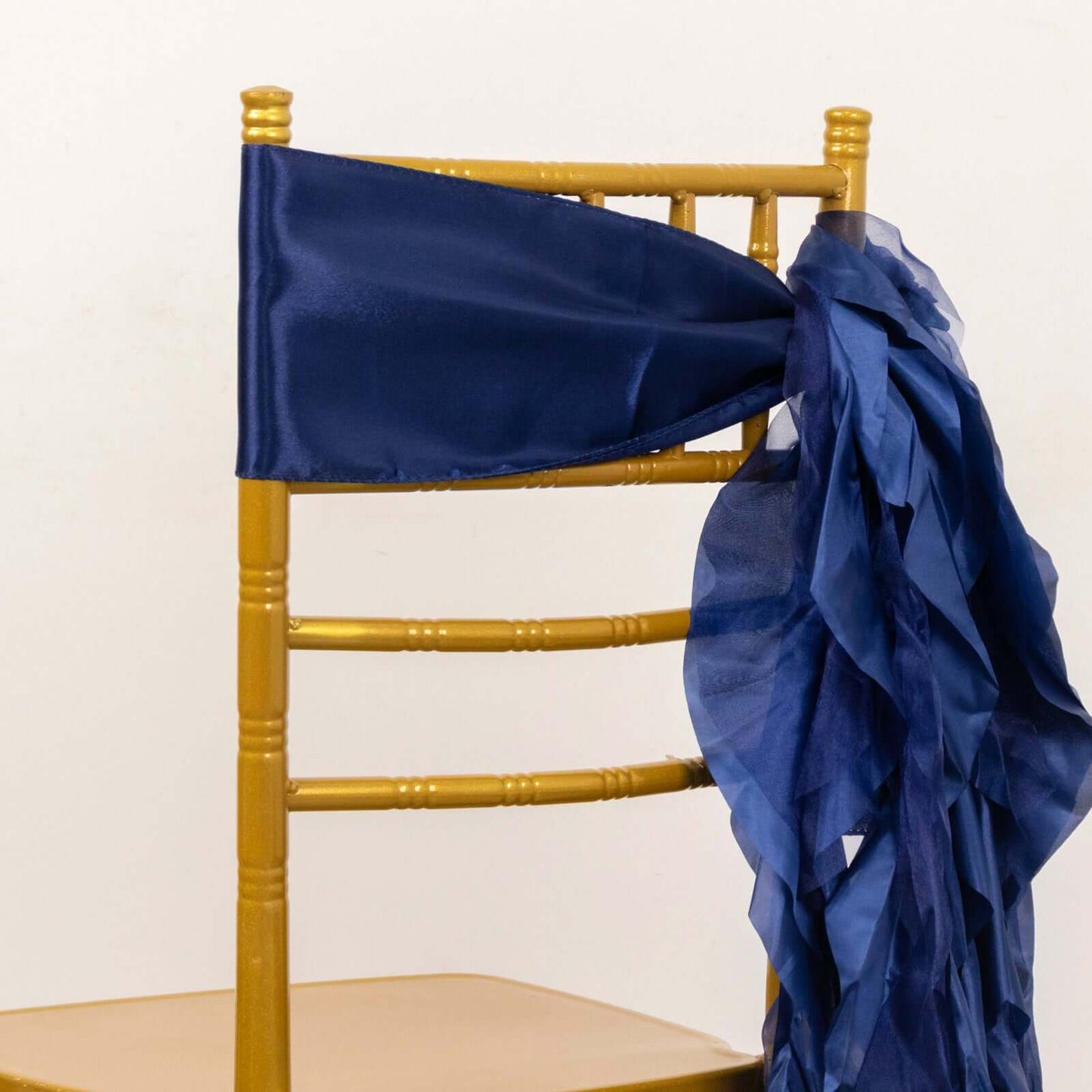 5 Pack Chiffon Satin Chair Sashes Navy Blue - Easy to Install Ruffled Curly Willow