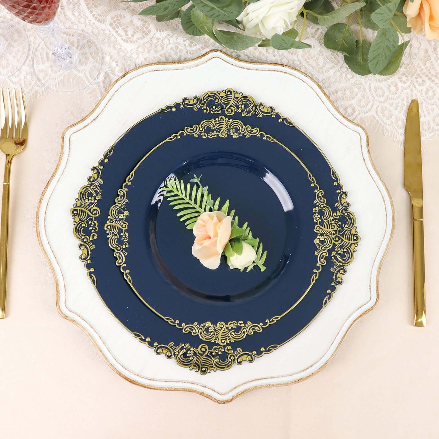 10-Pack Plastic 8" Round Dessert Plates in Navy Blue with Gold Leaf Embossed Rim - Disposable Vintage Baroque Style Salad Plates