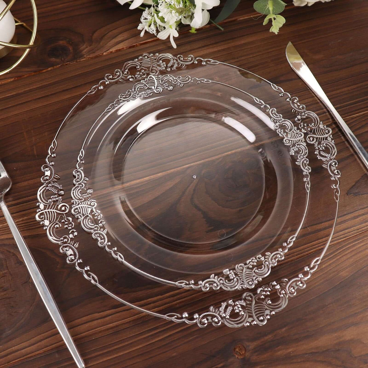 10-Pack Plastic 10" Round Dinner Plates in Clear with Silver Leaf Embossed Rim - Disposable Vintage Baroque Style Plates