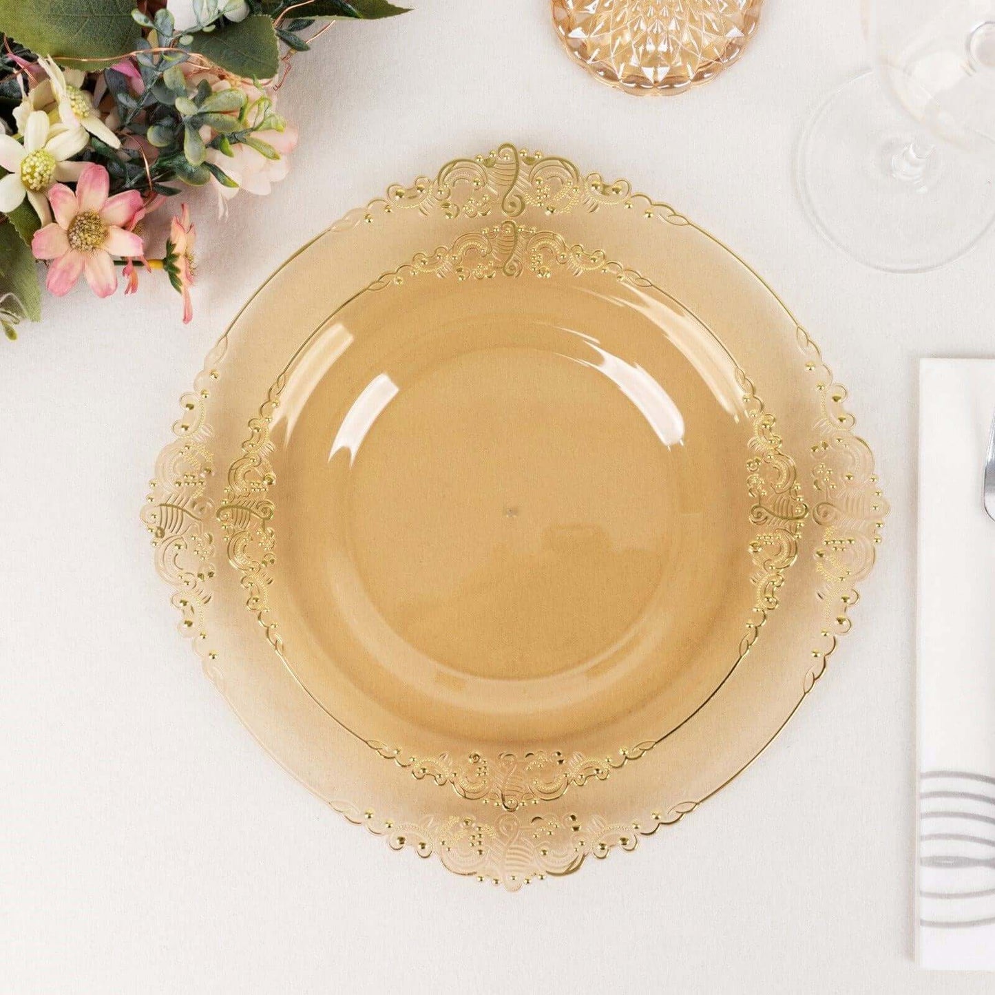 10-Pack Plastic 8" Round Dessert Plates in Transparent Amber Gold with Gold Leaf Embossed Rim - Disposable Vintage Baroque Style Salad Plates
