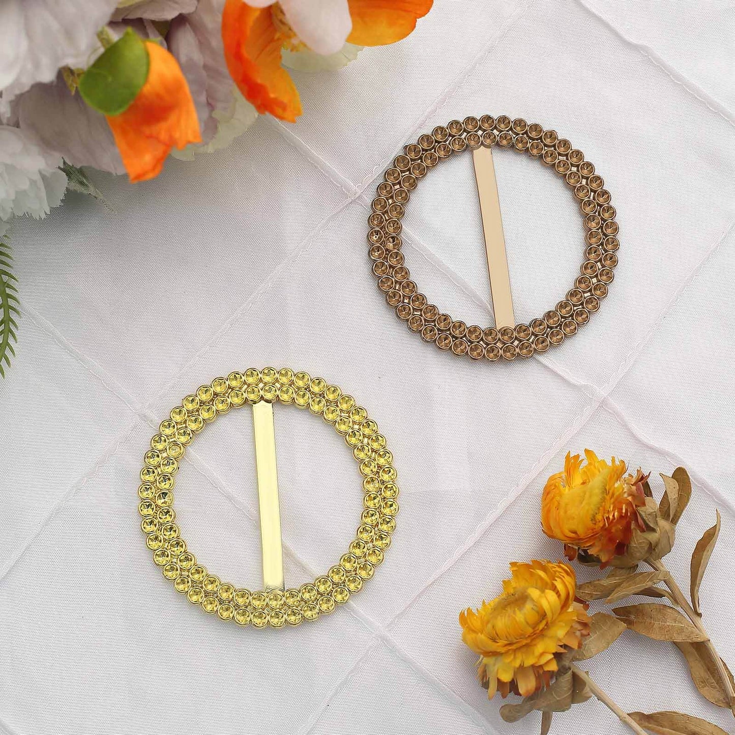 20 Pack Diamond Round Chair Sash Band Buckle Pins Antique Gold - Timeless Rhinestone Napkin Rings 2.5"