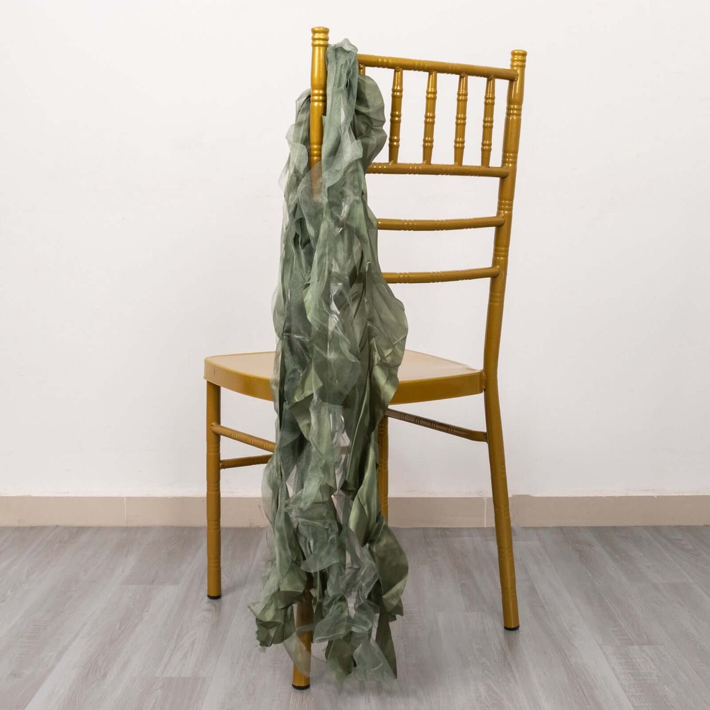 5 Pack Chiffon Satin Chair Sashes Dusty Sage Green - Easy to Install Ruffled Curly Willow