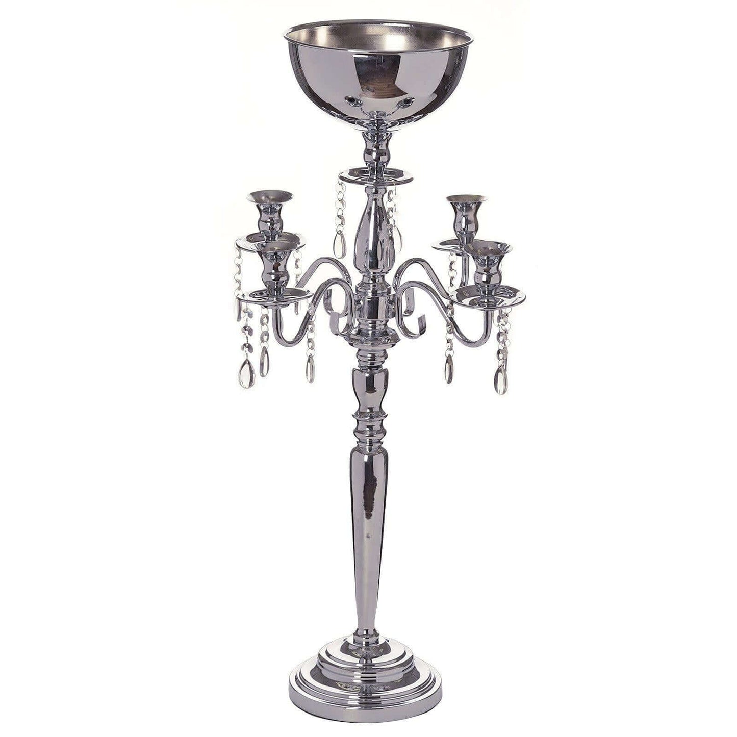 Metal Candelabra 4 Arm Design Silver with Flower Vase Bowl - Table Centerpiece for Weddings 33"