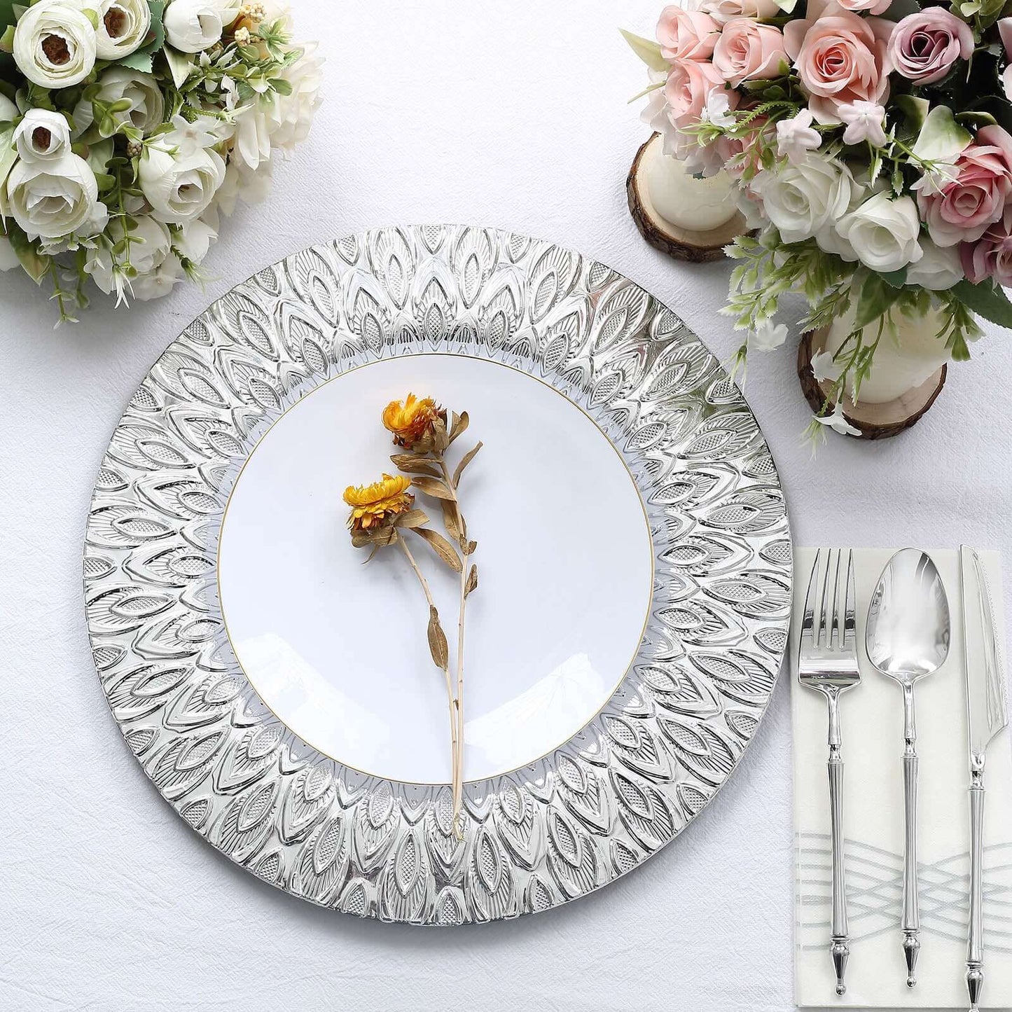 6-Pack Plastic Round Charger Plates 13" in Silver with Embossed Peacock Pattern, Stylish Disposable Charger Tableware