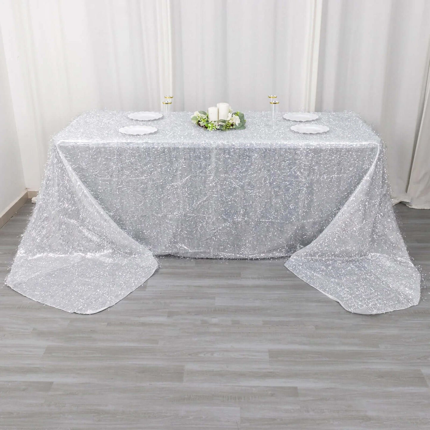 Polyester 90"x156" Rectangle Tablecloth Silver Metallic Fringe Shag Tinsel Table Cover