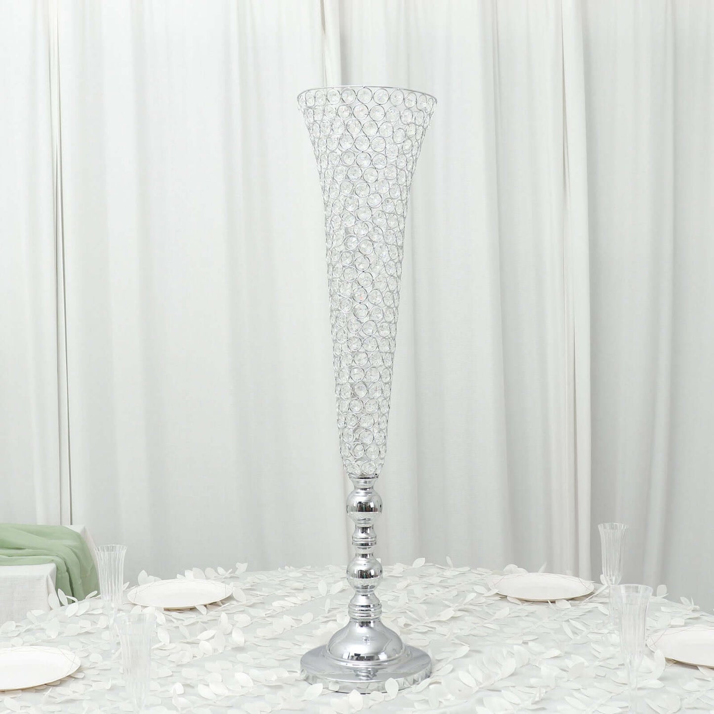 2-Pack Crystal Beaded Trumpet Vase Set Silver - Table Centerpiece for Grand Occasions 40"